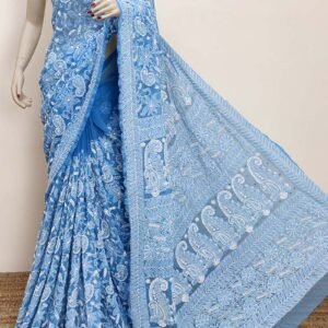 Blue Allover Hand Embroidered Lucknowi Chikankari Saree