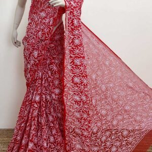 Red Georgette Lucknowi Chikankari Tepchi Saree with Blouse